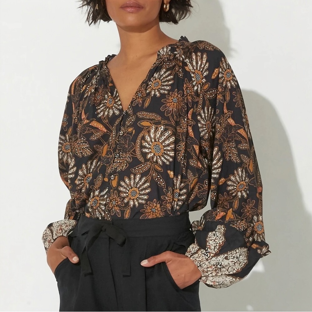 Cleobella Alicia Blouse In Magnolia Black & Burnt Orange Long Puff Sleeve